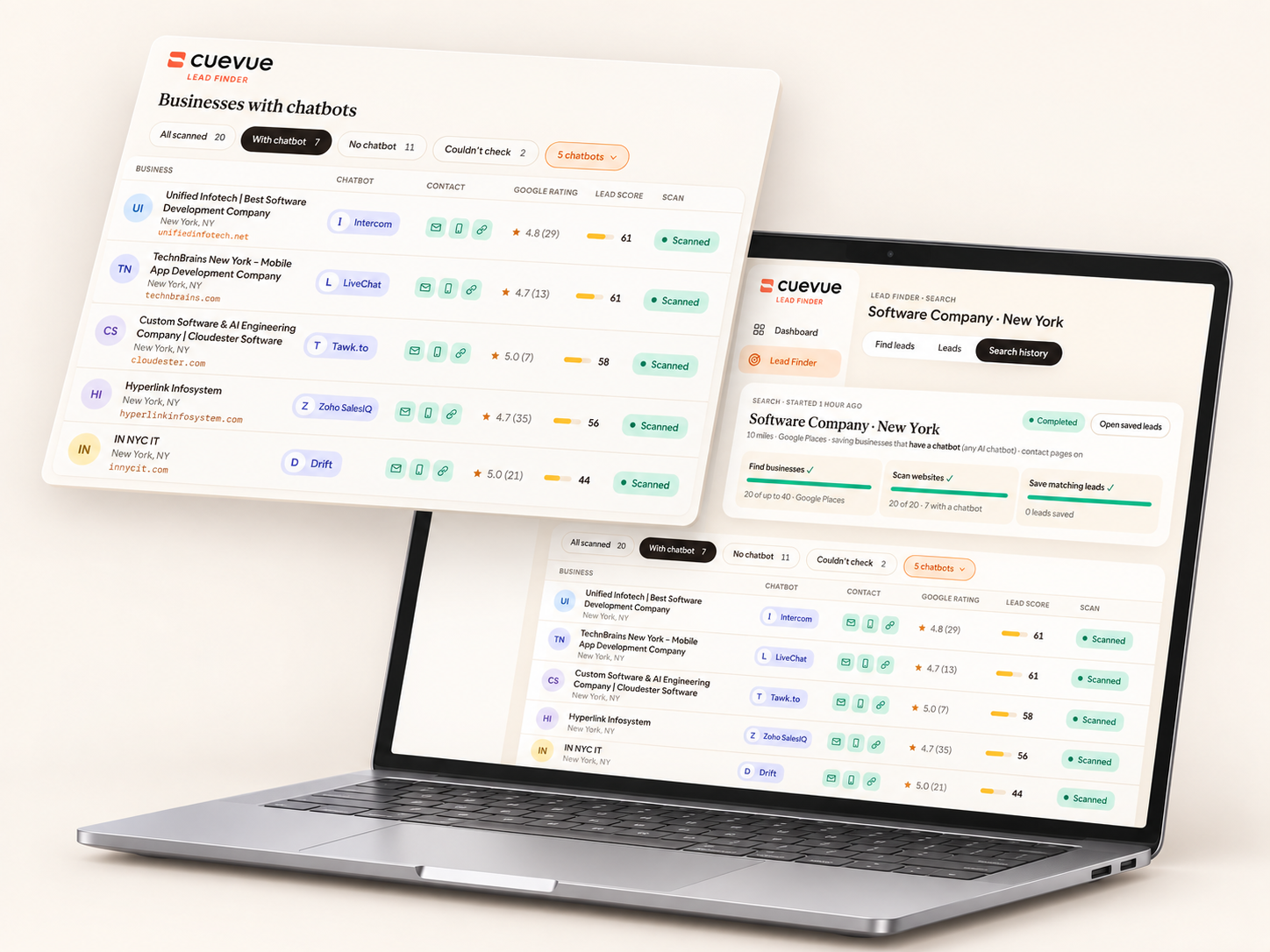 CueVue Built automation module — software finding businesses that already use chatbots