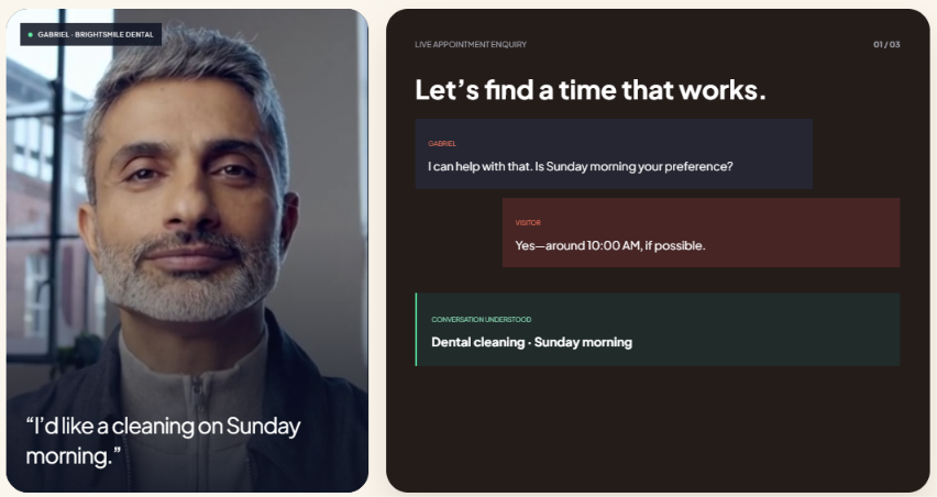 CueVue full-page takeover: a dental LiveRep guiding a visitor through booking a Sunday morning cleaning