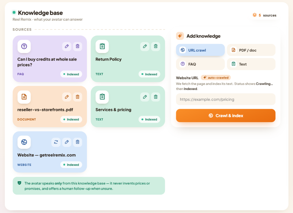 CueVue editable knowledge base showing website, document, FAQ and text sources