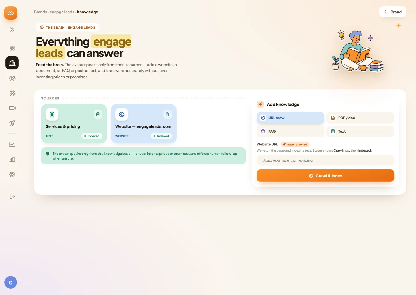 CueVue application screen showing website, document and FAQ knowledge sources