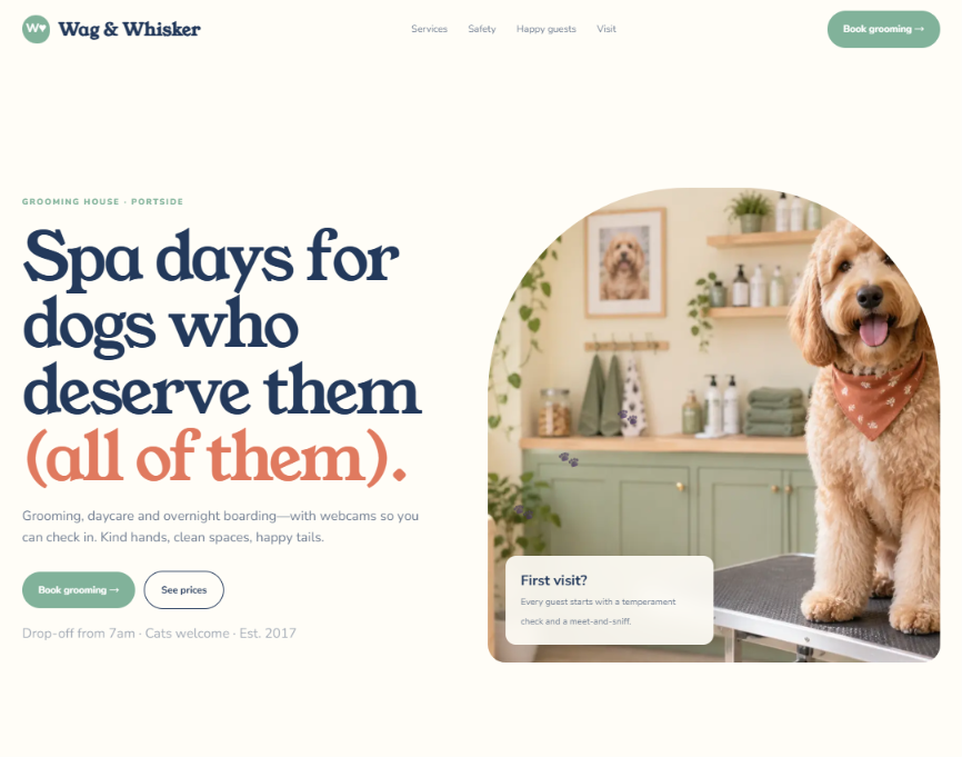 A prospect's current website: a pet grooming business landing page with navigation, headline and a booking button