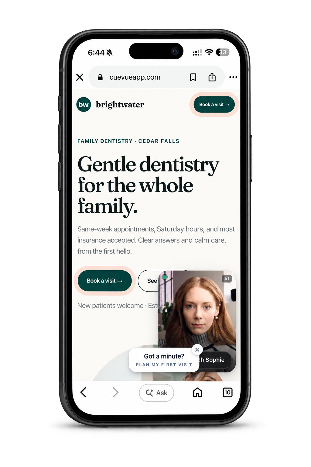 CueVue LiveRep talking to a visitor on a dentist's mobile website, shown on a phone
