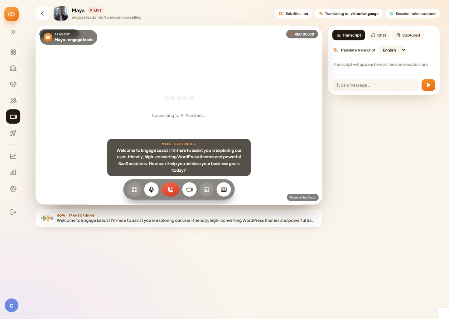 CueVue application screen showing a live conversation with a LiveRep